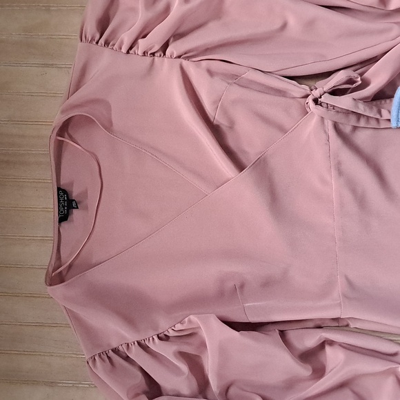 Topshop Pink Wrap Balloon Sleeve Satin Feel Tie Waist Dressy Stylish Mini Dress - Picture 6 of 13